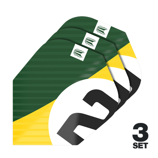 Target Pro Ultra Chicane Green No6 Flights - 3 Sets Das Bild zeigt drei Sätze der Target Pro Ultra Chicane Green No6 Flights. Die Flights sind in den Farben Grün, Gelb, Weiß und Schwarz gestaltet.