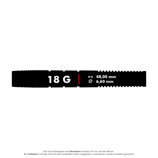 Target Nathan Aspinall X Echo Softdarts - 18g Das Bild zeigt die Produktspezifikationen für die "Target Nathan Aspinall X Echo Softdarts - 18g". Der Dart wiegt 18 Gramm, ist 48,00 mm lang und hat einen Durchmesser von 6,60 mm.