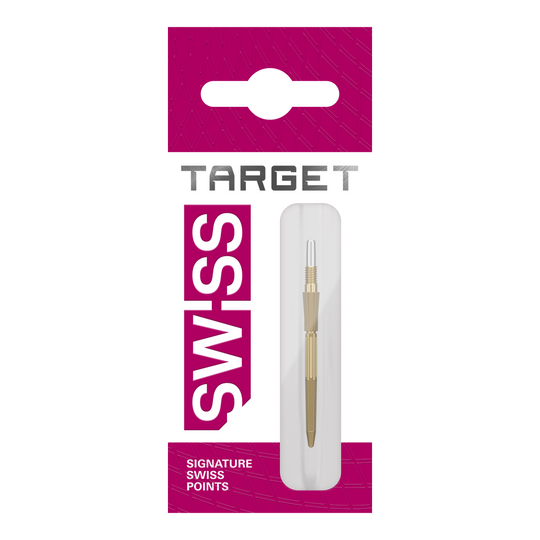 Target Elysian Archetype 43 Swiss Point Steel Dart Tips - Gold Das Bild zeigt Dartspitzen in goldener Farbe. Es handelt sich um Target Elysian Archetype 43 SwissPoint Dartspitzen, 30 mm.