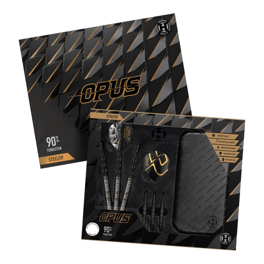 Harrows Opus Quick Point Steeldarts - 23g. Es werden drei Steeldarts mit 23 Gramm aus der Harrows Opus Reihe dargestellt.