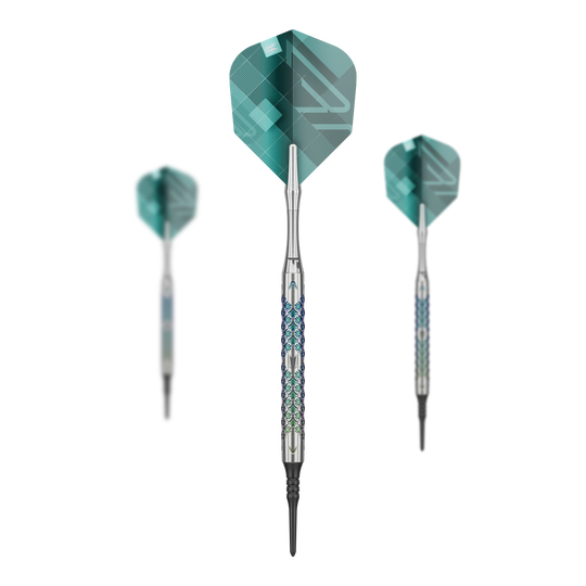 Target Rove 10 Soft Darts Das Bild zeigt drei Softdarts des Modells "Target Rove 10" mit silbernen Schäften und grünen Flights. Die Darts sind elegant gestaltet und stehen vor einem schwarzen Hintergrund.