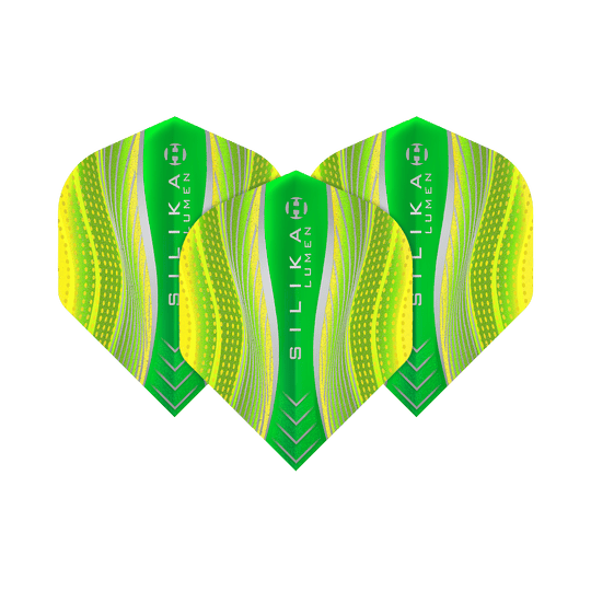 HR79_Harrows_Silika_Lumen_Yellow_No2_Standard_Flights_18NZkFnMYVnhmX Das Bild zeigt drei Harrows Silika Lumen Yellow No2 Standard Flights. Die Flights sind in leuchtenden Grün- und Gelbtönen mit modernen Mustern gestaltet.