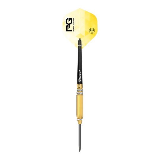 Bulls Patrick Geeraets Steeldarts - 23g Das Bild zeigt einen Steeldart namens "Bulls Patrick Geeraets Steeldarts - 23g". Der Dartpfeil hat eine goldene Barrel, einen schwarzen Schaft und ein gelb-weißes Flight mit Logo.