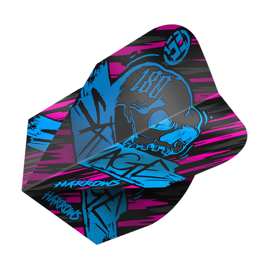 Harrow's Savage Aqua Pink No6 Flights Das Bild zeigt das Produkt "Harrows Savage Aqua Pink No6 Flights". Das Design ist auffällig mit schwarzen, pinken und blauen Farben sowie einem Totenkopf-Motiv.