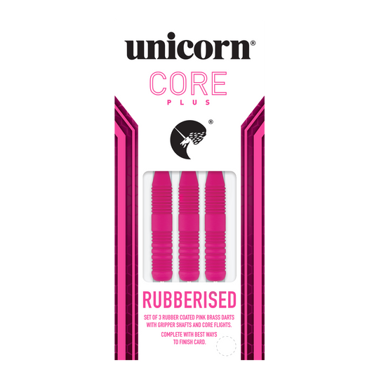 Das Bild zeigt eine Packung mit drei pinken, gummierten Steeldarts der Marke Unicorn Core Plus. Die Darts haben geriffelte Griffe und werden in einer weiß-pinken Verpackung präsentiert.