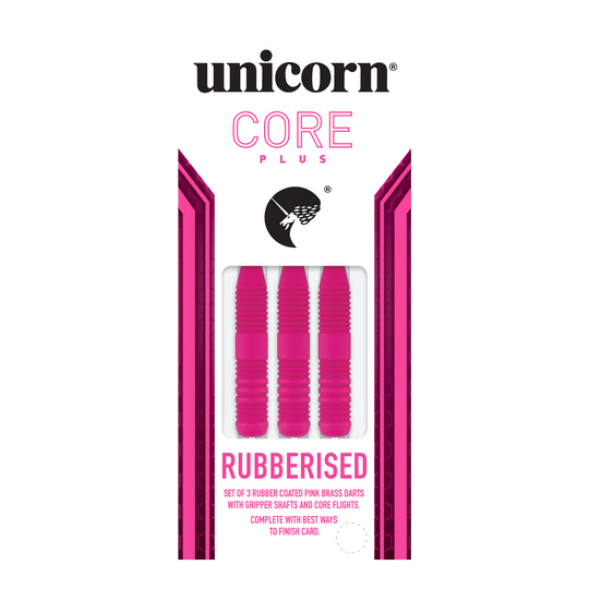 Unicorn Core Plus Rubberized Pink Steel Darts Das Bild zeigt eine Packung mit drei pinken, gummierten Steeldarts der Marke Unicorn Core Plus. Die Darts haben geriffelte Griffe und werden in einer weiß-pinken Verpackung präsentiert.