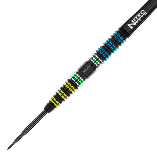 Red Dragon Dragonfly 95 Black Tapered Steel Darts Das Bild zeigt den Red Dragon Dragonfly 95 Black Tapered Steeldart. Der Dart hat farbige Ringe in Gelb, Grün und Blau sowie einen schwarzen Schaft mit der Aufschrift "Nitro Tech".