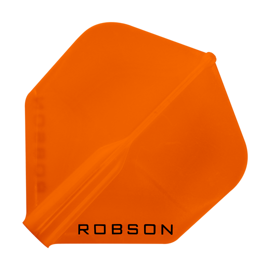 Robson Plus Flights - Standard Das Bild zeigt ein orangefarbenes Dartflight mit der Aufschrift "ROBSON". Das Flight hat eine klassische, standardmäßige Form.