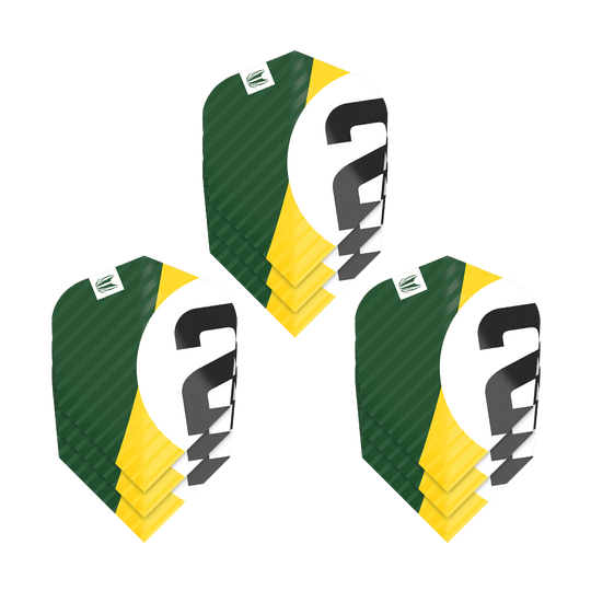 337209_Target_ProUltra_3Sets_Chicane_Green_Ten-X_Flights_15KQWYVBD6RFZ7 Das Bild zeigt drei Sätze Target Pro Ultra Chicane Green Ten-X Flights. Die Flights sind in den Farben Grün, Gelb, Weiß und Schwarz gestaltet.