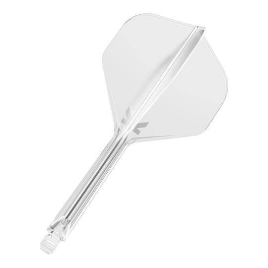Target K-Flex No2 Standard Flight System - Clear Das Bild zeigt einen klaren Dart-Flight mit integriertem Schaft. Das Design ist schlicht und durchsichtig, mit einem kleinen grauen Logo auf dem Flight.