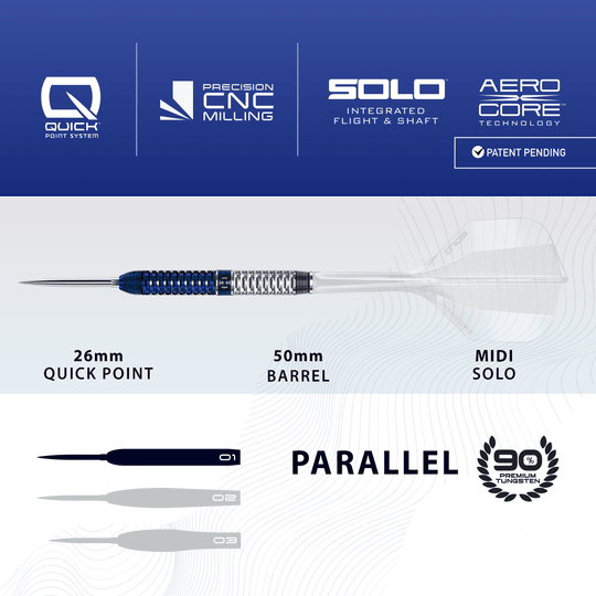 Harrows GEO Parallel Quick Point Steel Darts Das Bild zeigt Harrows GEO Parallel Quick Point Steeldarts. Der Pfeil und sein Aussehen werden präsentiert.