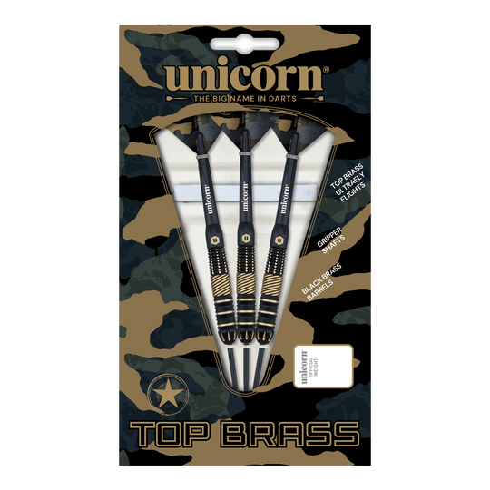 Unicorn Top Brass V2 Steeldarts - 19g Das Bild zeigt die "Unicorn Top Brass V2 Steeldarts - 19g" in einer Verpackung mit Tarnmuster. In der Packung sind drei schwarze Steeldarts mit goldfarbenen Akzenten zu sehen.