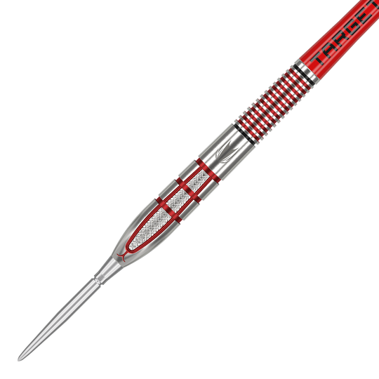 Target Nathan Aspinall GEN2 Swiss Point steel darts Das Bild zeigt einen Target Nathan Aspinall GEN2 Swiss Point Steeldart. Der Dart hat ein silbernes und rotes Design mit präzisen Gravuren und Rillen für besseren Halt.
