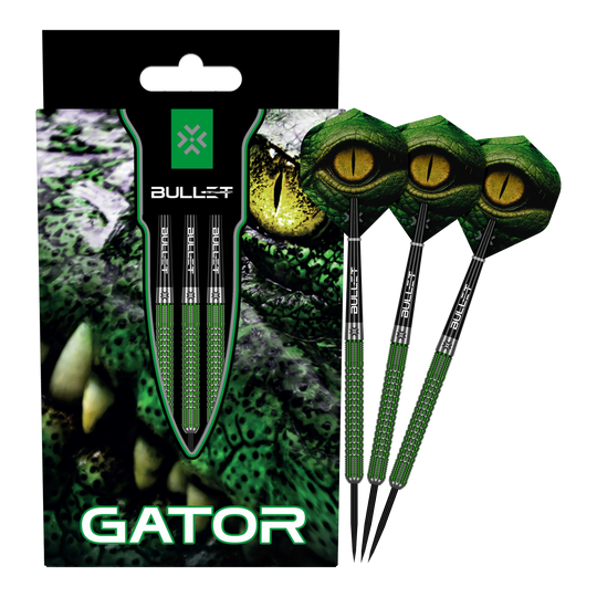 Bullet Gator steel darts Das Bild zeigt die Bullet Gator Steeldarts. Es handelt sich um Steeldarts für den Präzisions-Dartsport.