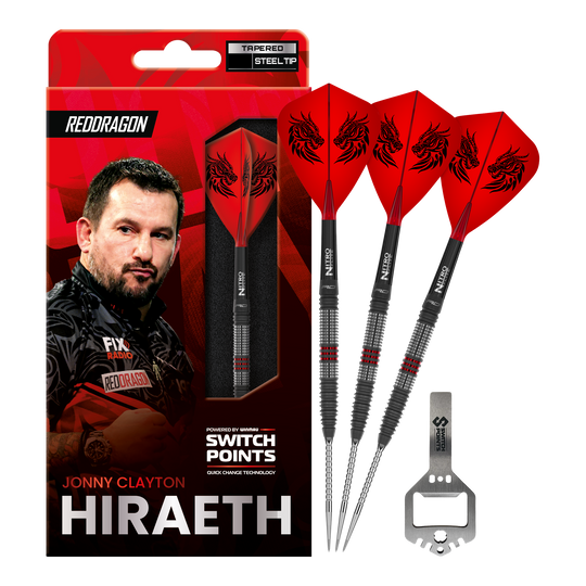 Zu sehen sind Red Dragon Jonny Clayton Hireath Switch Point Steeldarts. Sie haben eine markante Optik und sind ideal für Dartspieler geeignet.
