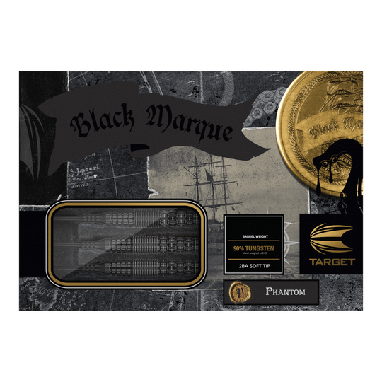Target Japan Black Marque Phantom Soft Darts - 18g Das Bild zeigt die Verpackung der "Target Japan Black Marque Phantom Softdarts - 18g". Die Darts bestehen zu 90% aus Wolfram und haben eine 2BA Softspitze.
