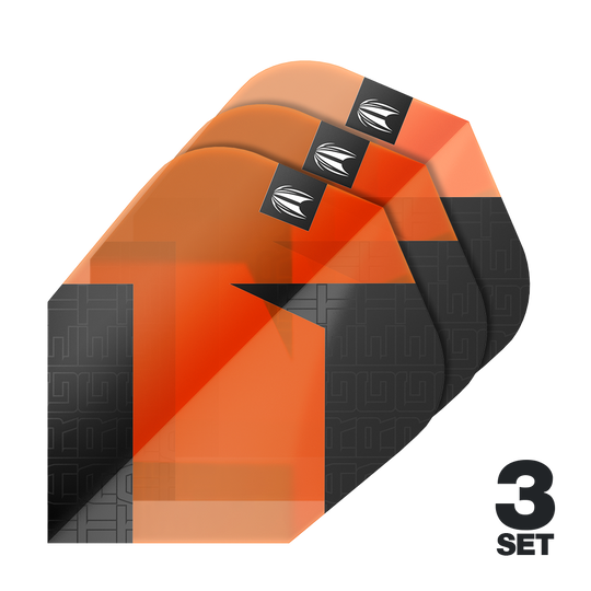 Target Pro Ultra TAG Orange Ten-X Standard Flights - 3 sets Das Bild zeigt drei Sätze der Target Pro Ultra TAG Orange Ten-X Standard Flights. Die Flights sind in Orange und Schwarz gehalten und besitzen ein markantes Design.