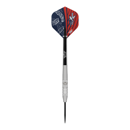 Bulls NL Richard Veenstra 80 steel darts - 23g Das Bild zeigt einen Steeldartpfeil namens "Bulls NL Richard Veenstra 80 Steeldarts - 23g". Der Dart hat eine silberne, gerillte Spitze und bunte Flights in Blau und Rot mit weißen Mustern.