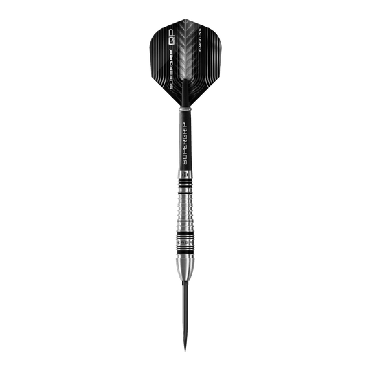 Harrows Supergrip Bomb Quick Point Steel Darts Das Bild zeigt die Harrows Supergrip Bomb Quick Point Steeldarts. Die Darts sind für präzises Werfen im Dartspiel entwickelt.