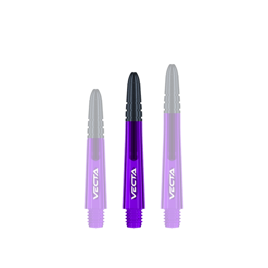 Winmau Vecta Shafts - Purple Black Das Bild zeigt drei lila und schwarze Dartschäfte der Marke Vecta. Sie sind nebeneinander aufgereiht und haben unterschiedliche Längen.