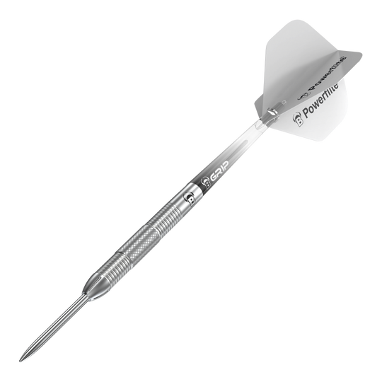 Bulls Challenger Sascha Stuhlemmer Steeldarts - 23g Das Bild zeigt einen Bulls Challenger Sascha Stuhlemmer Steeldart mit einem Gewicht von 23g. Der Dartpfeil ist silberfarben und hat eine strukturierte Griffzone sowie weiße Flights.