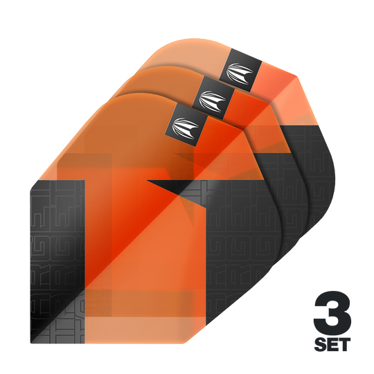 Target Pro Ultra TAG Orange No6 Standard Flights - 3 Sets Das Bild zeigt drei Sätze orangefarbener Dart-Flights mit schwarzem Muster. In der rechten unteren Ecke steht "3 SET".