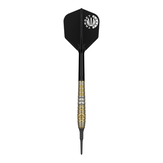 Target Japan Hot Shot GEN2 Soft Darts - 19g Das Bild zeigt einen Softdart mit schwarzem Flight und goldenem Griff. Es handelt sich um das Produkt "Target Japan Hot Shot GEN2 Softdarts - 19g".
