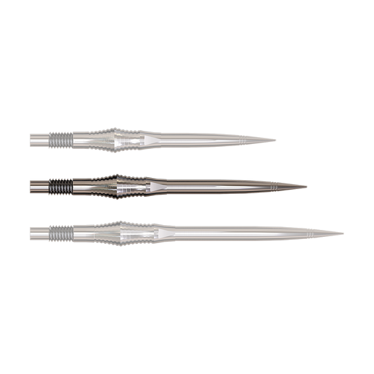 Harrows Quick Point Spire Elite Series Dartspitzen - Silber Dartspitzen der Spire Silver Elite Serie in 35mm Länge werden gezeigt. Die Spitzen sind metallisch und silber.