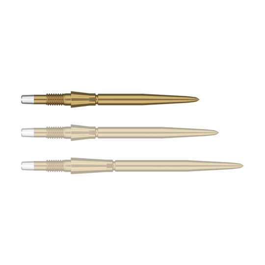 340057_Target_Swiss_Storm_Point_Dartspitzen_Gold_26mm_1 Das Bild zeigt drei goldfarbene Dartspitzen, die nebeneinander liegen. Sie haben eine schlanke Form und silberne Enden.
