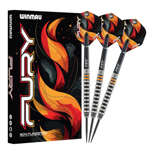 Gezeigt werden die Winmau Fury Steeldarts - 22g. Diese hochwertigen Steeldarts sind für anspruchsvolle Spieler konzipiert.