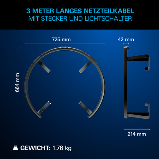 Target Corona Vision 2 lighting system Abgebildet ist das Target Corona Vision 2 Beleuchtungssystem. Die Rundkonstruktion ist nahe am Dartboard fixiert.