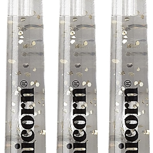 78988-Gripper-4-Elements-Clear-Medium Das Bild zeigt drei transparente Dartschäfte mit silbernen Glitzerelementen. Auf jedem Schaft steht das Wort "unicorn" in schwarzer Schrift.