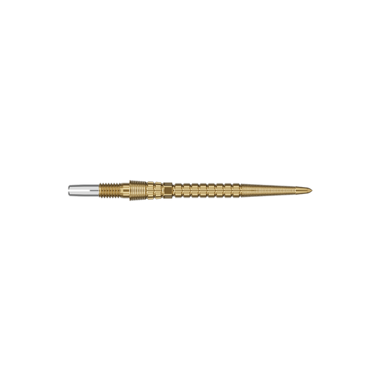 Target Chrono Swiss Storm Point Dart Tips - Gold Zwei goldfarbene Dartspitzen sind abgebildet. Sie liegen nebeneinander.