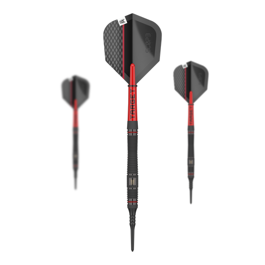 Target Scope 11 Soft Darts Das Bild zeigt drei Softdarts des Produkts „Target Scope 11“. Die Darts haben ein schwarzes und rotes Design mit strukturierten Flights.