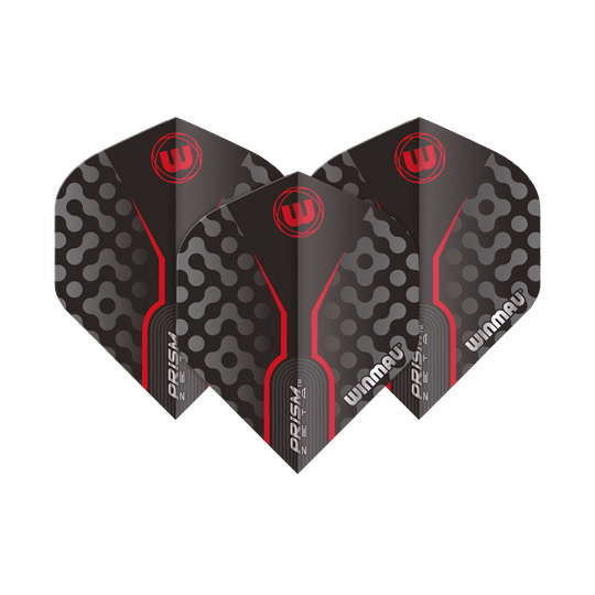 6915-306_Winmau_Prism_Zeta_GreyRed_Standard_Flights_1fPpGflTHlsCKi Das Bild zeigt drei Dart-Flights des Modells "Winmau Prism Zeta GreyRed Standard". Die Flights sind grau mit roten Akzenten und einem modernen Muster gestaltet.
