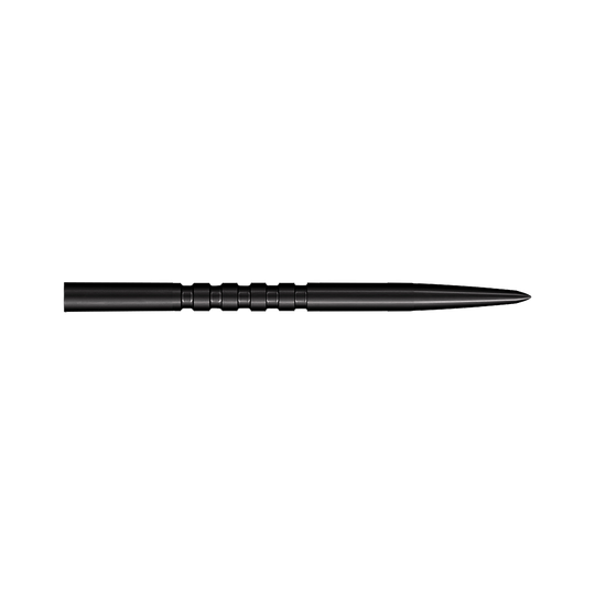 Shot Grip Point steel dart tips - Black Auf dem Bild ist eine schwarze Stahl-Dartspitze mit Rillen in der Mitte zu sehen. Sie ist lang und hat eine spitze Form.
