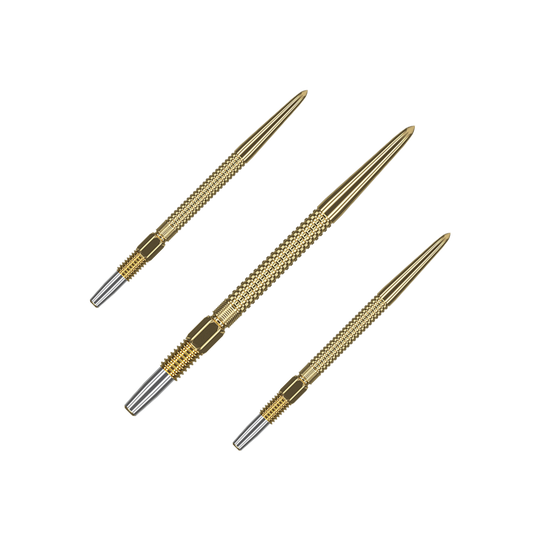 Target Swiss Point Nano Dartspitzen - Black Das Bild zeigt drei goldene Dartspitzen des Produkts "Target Swiss Point GRD Gold Dartspitzen". Die Spitzen sind fein gearbeitet und haben einen metallischen Glanz.
