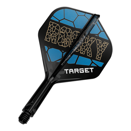 Auf dem Bild ist ein Dart-Flight-System mit der Aufschrift „ROCKY“ in gelber Schrift zu sehen. Das Design ist schwarz und blau und darunter steht das Wort „TARGET“.