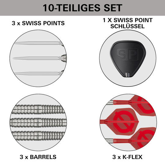 Target Group O 01 Swiss Points Steeldarts Abgebildet ist das Target Group O 01 Swiss Points Steeldarts Set. Die Darts sind nebeneinander angeordnet.