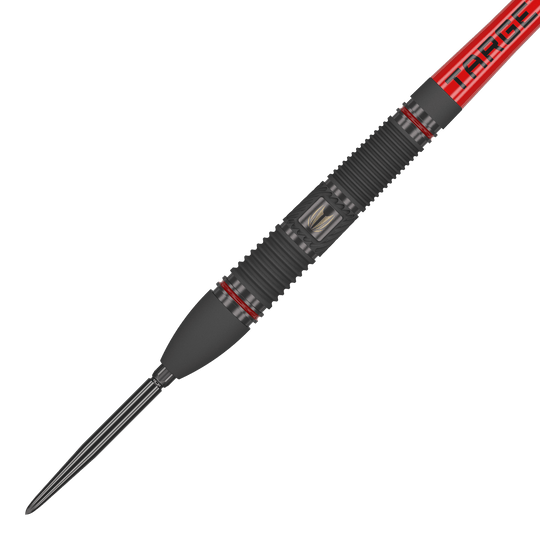 Target Scope 02 Swiss Point steel darts Das Bild zeigt einen Target Scope 02 Swiss Point Steeldart mit einem schwarzen und roten Design. Der Dartpfeil hat eine gerillte Griffzone und eine scharfe Metallspitze.