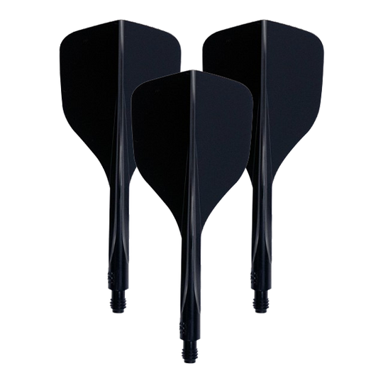 Condor Ax 120 Flight System Black - Small Das Bild zeigt drei schwarze Dart-Flights mit integriertem Schaft. Es handelt sich um das Produkt "Condor Axe 120 Flight-System Schwarz - Small".