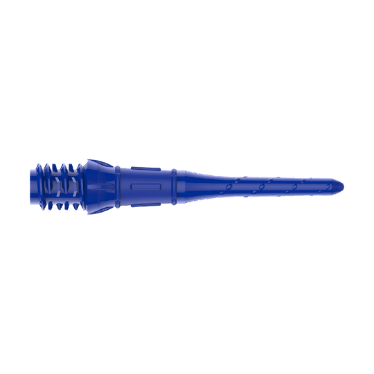 Das Bild zeigt eine blaue Dartspitze aus Kunststoff. Die Spitze hat mehrere Kerben und eine strukturierte Oberfläche für besseren Halt.