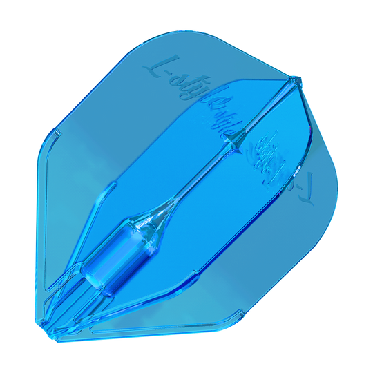 L-Style Fantom L3EZ Flights Blue Das Bild zeigt ein blaues Dart-Flight mit dem Namen "L-Style Fantom L3EZ". Es hat eine transparente Optik und die Aufschrift "L-Style" ist darauf zu sehen.