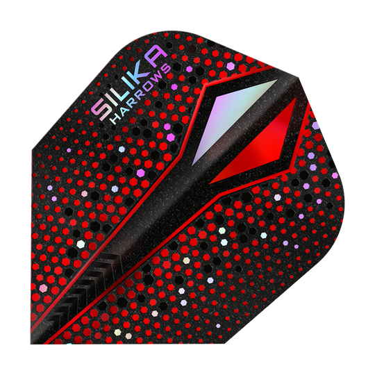 Harrows Silika Colorshift Tough Crystalline Coating Red-X No6 Flights Das Bild zeigt ein Dart-Flight mit einem auffälligen roten und schwarzen Punktmuster. In der oberen Ecke steht der Schriftzug "Silika Harrows".