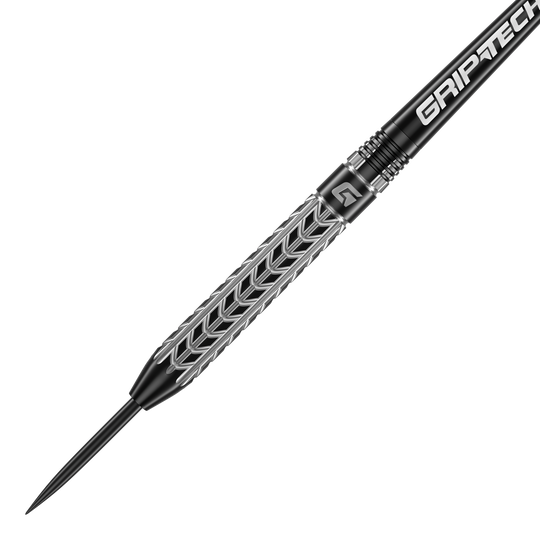 GOAT Traction Tungsten Steel Darts Das Bild zeigt einen GOAT Traction Tungsten Steeldart mit einem silbernen, strukturierten Griffbereich. Auf dem Schaft steht in weißer Schrift "GRIPTECH".