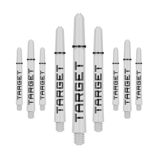 Target Pro Grip TAG Shafts - 3 Sets - White Das Bild zeigt neun weiße Dartschäfte mit der Aufschrift "TARGET" in schwarzer Schrift. Sie sind in zwei Reihen angeordnet, wobei die mittleren Schäfte größer erscheinen.