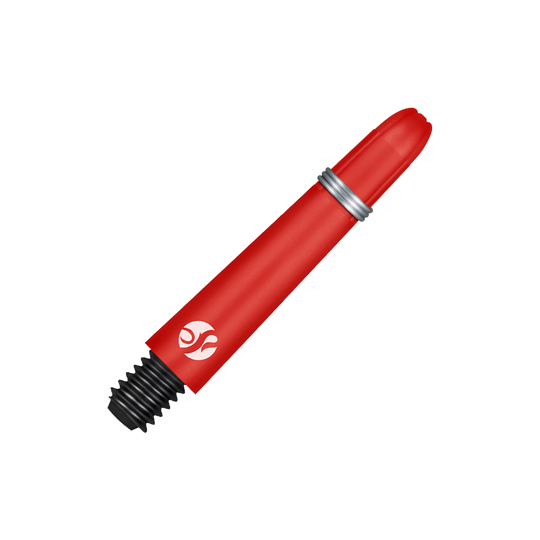 Shot Koi Carbon Shafts - Red Das Bild zeigt einen roten Dart-Schaft mit einem schwarzen Gewinde und einer silbernen Halterung. Auf dem Schaft ist ein weißes Logo abgebildet.
