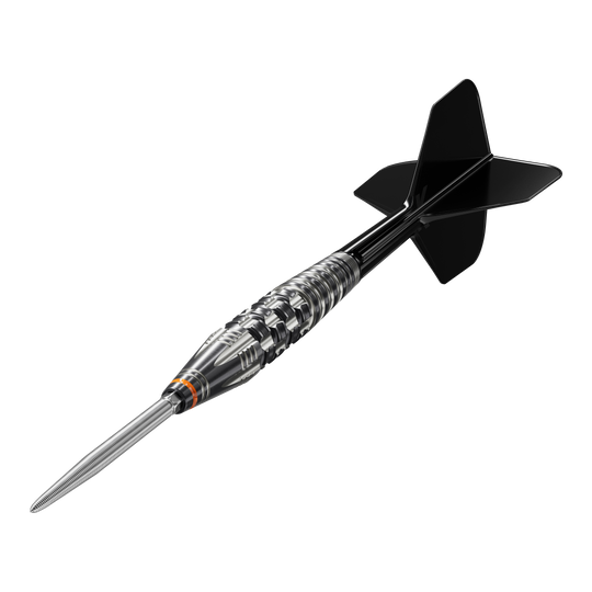 Das Bild zeigt einen stilvollen Softdart mit schwarzem Flight und silbernem Barrel. Es handelt sich um das Produkt "Target Japan Black Marque Dancing Duck GEN 4 Softdarts - 17g".