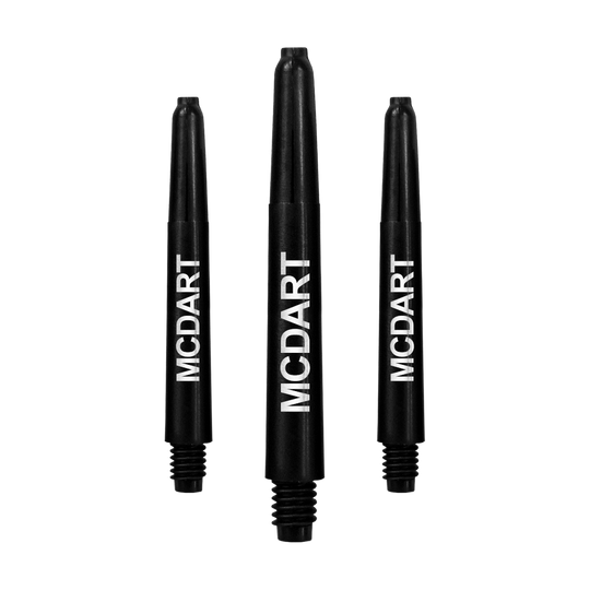 Auf dem Bild sind drei schwarze Dartschäfte aus Nylon zu sehen. Auf jedem Schaft steht in weißer Schrift das Wort "MCDART".