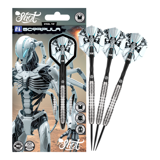 Zu sehen sind die Shot AI Scorpula Steeldarts in ihrer gesamten Länge. Das Produkt ist hochwertig verarbeitet.